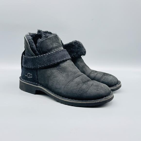UGG Boots Womens 7 Black Suede Shearling Lined Ankle Booties Strap Casual - Picture 2 of 10